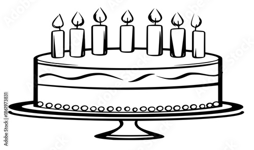 coloring page. Birthday cake with seven lit candles, decorated with icing and beads, placed on a round cake stand, symbolizing celebration and joy in festive gatherings