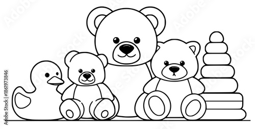 coloring page. Cute illustration featuring a teddy bear, two smaller bears, a rubber duck, and a colorful stacking toy, creating a playful and cheerful atmosphere for children's decor