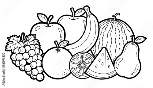 Coloring page featuring a variety of fruits including apples, bananas, grapes, watermelon, oranges, and pears, designed for creative expression and relaxation in artistic activities