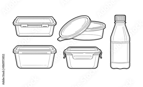 Collection of various food storage containers and a bottle, featuring clear outlines and simple designs, ideal for coloring pages and creative activities for all ages