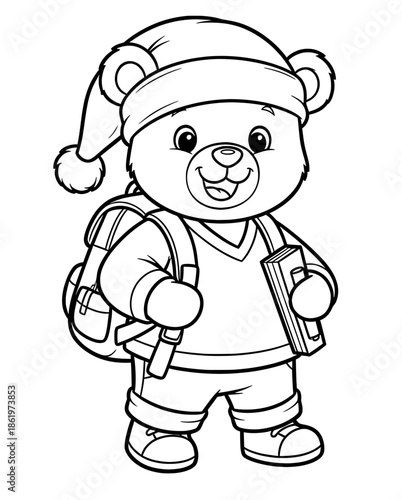 Cute bear character wearing a festive hat and backpack, holding a book, designed as a coloring page for children, promoting creativity and fun learning experiences