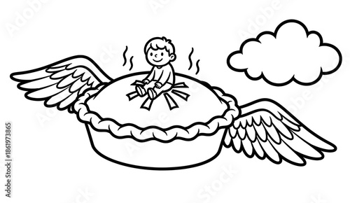Child with wings sitting on a large pie, soaring through the sky among fluffy clouds, creating a whimsical and imaginative scene for coloring pages