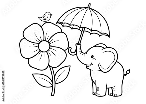 Cute elephant holding an umbrella next to a large flower and a small bird, creating a whimsical scene perfect for coloring pages and artistic expression