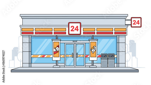 Clean illustration of a modern convenience store building featuring large glass windows, 24-hour service signs, and urban silhouettes.