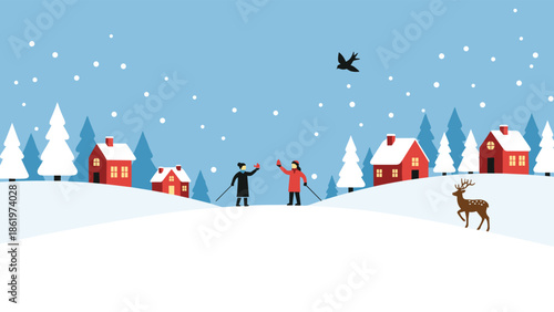 Charming winter landscape with small red houses, snow-covered hills, pine trees, people skiing, and a wild deer in the snowy woods.