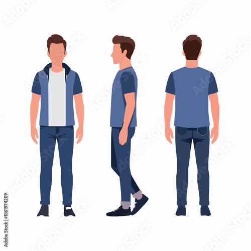 Casual Handsome Man Character Vector Set in Front Side and Back Views