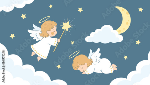Whimsical night sky illustration featuring two adorable little angels with wings and halos flying among clouds, stars, and a crescent moon.