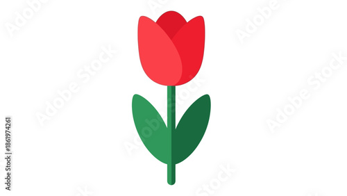Red Tulip Flower Icon with Green Stem and Leaves