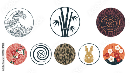 Set of diverse Japanese circular motifs featuring iconic symbols like ocean waves, bamboo stems, a rabbit, and plum blossoms.