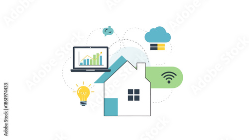 Illustration of a smart home system with connected devices, cloud computing, data analytics, and wireless connectivity.