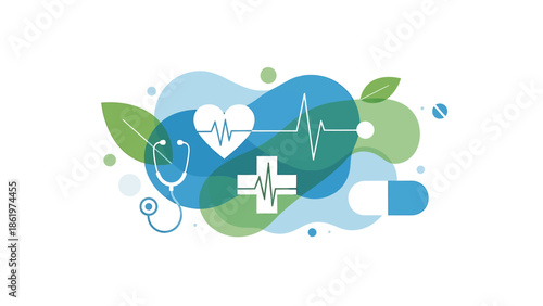 Abstract medical and healthcare concept illustration with heart, cross, stethoscope, and pill icons in blue and green.