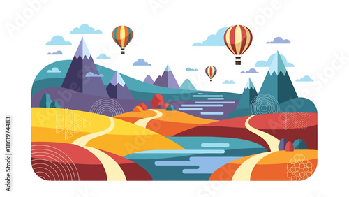 A colorful, stylized landscape with hot air balloons floating above rolling hills, mountains, and winding paths.