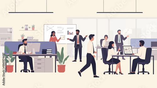 Diverse team collaborating in a modern open-plan office space, brainstorming ideas and working at desks.