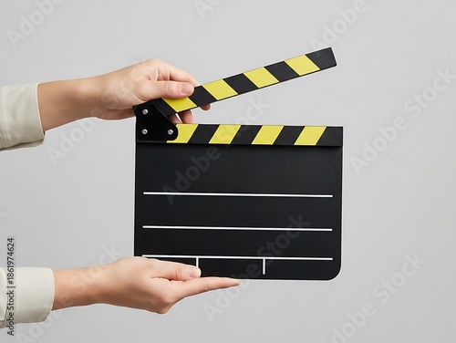 Female Hands Holding Open Black and Yellow Film Clapperboard on Gray Background, Movie Production Action Slate for Director Take, Cinema Filmmaking and Video Editing Concept