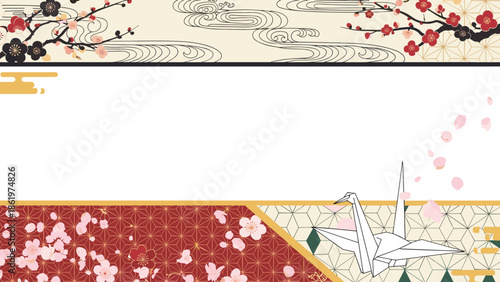 Elegant Japanese themed design featuring a white origami crane, pink cherry blossoms, and classic geometric patterns in red and gold.