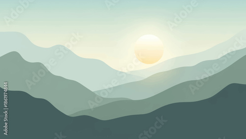 Serene mountain landscape at sunrise with soft pastel colors and gentle light.