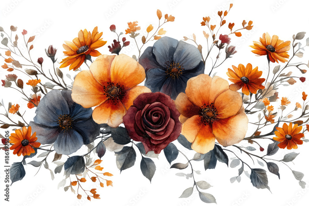 Fototapeta premium Watercolor Floral Bouquet with Roses and Daisies in Neutral Colors