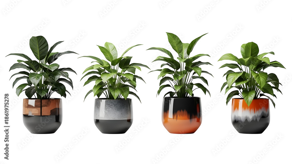 Fototapeta premium Four green plants in modern glass pots isolated on transparent background