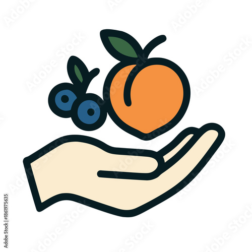 Fruit in a hand icon: a cupped hand holding a bunch of berries or a single peach.