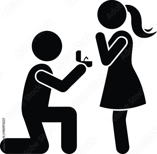 A black pictogram showing a man kneeling to propose marriage to a surprised woman