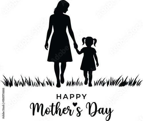 Happy Mother’s Day greeting illustration with mother and daughter silhouette walking together symbolizing love motherhood family bonding celebration design