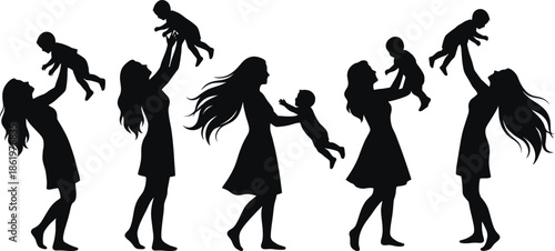 Mother and baby silhouette sequence showing playful parenting love bonding motherhood joy isolated on white background family concept