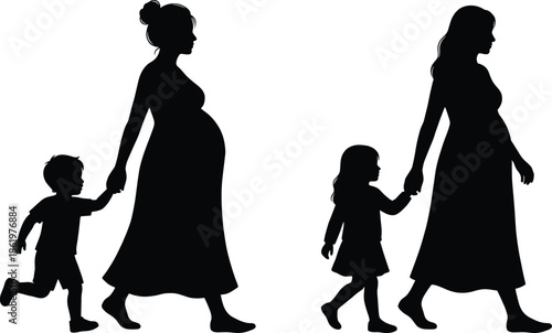 Mother and child silhouette walking together symbolizing family love parenting care motherhood bonding childhood unity isolated on white background