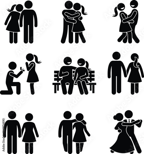 A collection of couple pictograms representing love, dating, and romantic activities