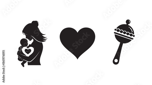 Mother and Baby Silhouette with Heart and Rattle in Simple Black Design for Parenting