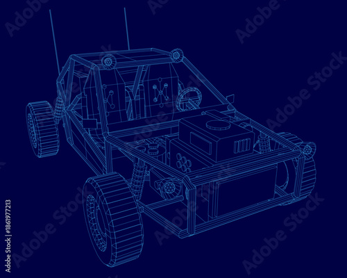 A detailed 3D wireframe model of a dune buggy features realistic headlights, a grille, and wheels. The glossy vehicle stands out against a stark blue background.