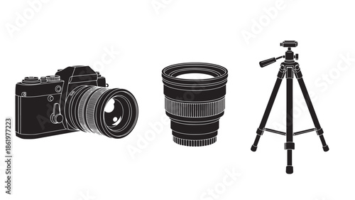 Camera, Lens, and Tripod in Studio Shot with Professional Lighting on White Background for Photography Equipment