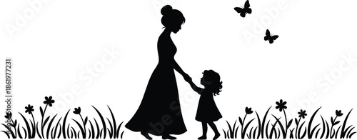 Mother and daughter silhouette holding hands in nature symbolizing love care family bonding motherhood childhood innocence isolated white background