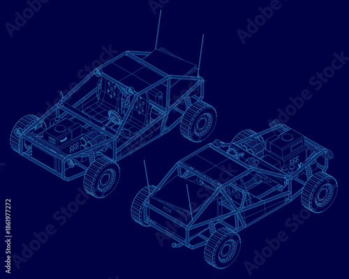 Blueprint of a dune buggy vehicle in a detailed wireframe set, displayed on a solid blue background for technical or presentation use. Isomatric view