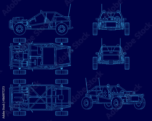 Detailed blueprint of a four-wheel drive buggy car set on a blue background, featuring precise contour lines of the headlights, grille, and wheels.