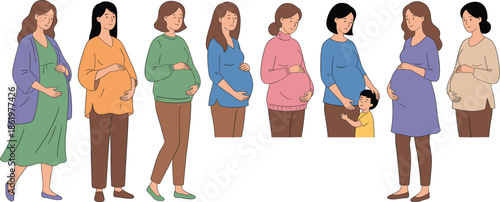 Pregnant women illustration set showing different maternity stages motherhood diversity prenatal care family love healthy pregnancy lifestyle concept