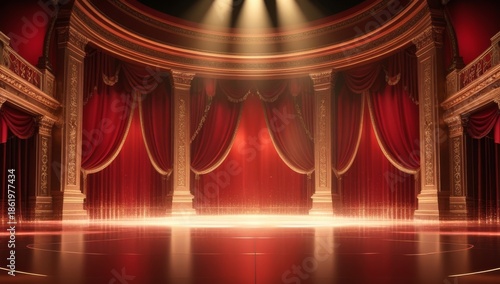 Grand Red and Gold Luxury Theater Stage with Curtains and Staircase. Elegant Broadway Theater Stage with Red Velvet Curtains and Golden Decor. Majestic Opera Stage with Red Curtain Gold Ornament