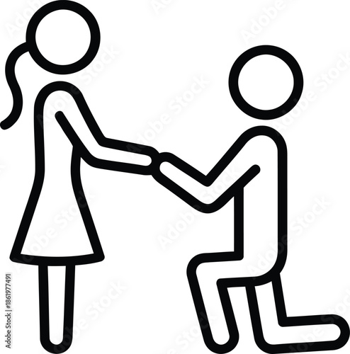 A simple black outline icon illustrating a man proposing marriage to a woman by kneeling