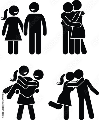 Collection of stick figures showing a loving couple in various poses of affection and interaction