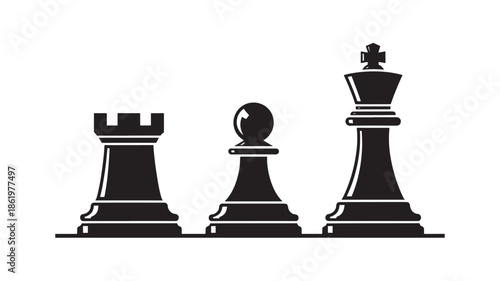 Chess pieces in minimalist style with bold black silhouettes on white background for strategy branding