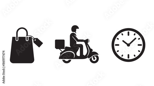 Delivery Person on Scooter with Shopping Bag and Clock in Simple Monochrome Design for Logistics Advertising