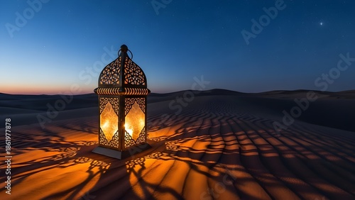 Desert Lantern Glowing at Night: Warm Light, Sand Dunes, Starry Sky, Moroccan Style, Cinematic 4K
