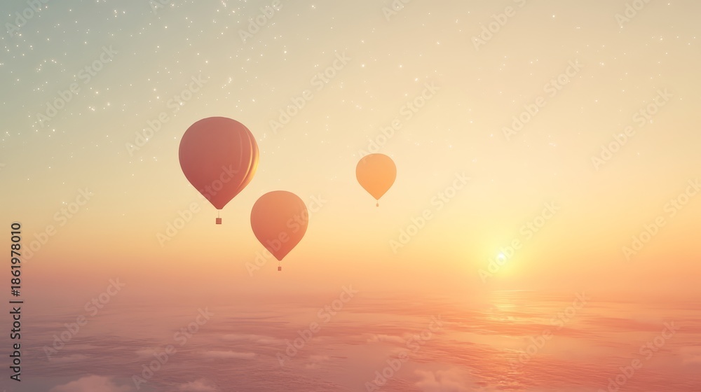 Fototapeta premium Three hot air balloons float over a misty landscape under a starry sunset sky