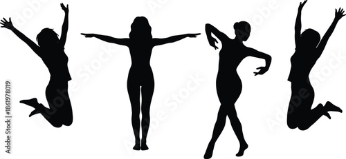 Women silhouette dance and jump poses expressing freedom energy confidence fitness celebration isolated on white background lifestyle movement concept