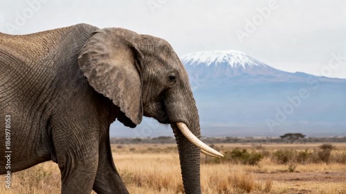 Majestic African elephant portrait with mountain backdrop
