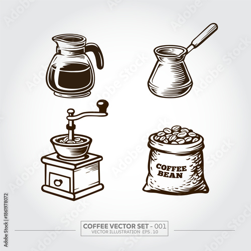 Vector set of coffee pack, a coffee pot, coffee grinder, cezve, and a sack of coffee beans vector illustration. vintage style drawing Isolated items on white background.
