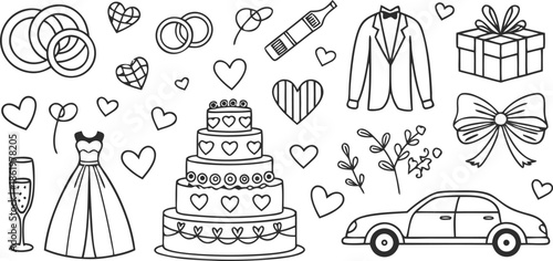 Charming hand-drawn wedding essentials collection featuring rings, dress, cake, and more, perfect for celebrating love and special occasions in a delightful illustrative style