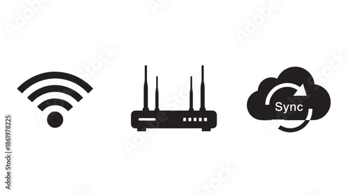 Wireless Router with Sync Icon in Modern Minimalist Style with Simple Black Silhouette for Technology Illustration