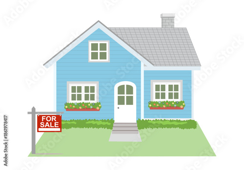 vector illustration of house with for sale sign, real estate property investment, mortgage and leasing