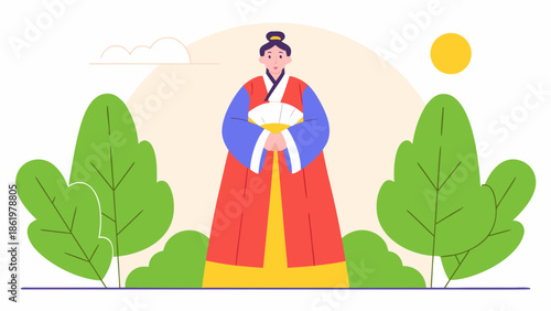 Elegant Korean Woman in Traditional Hanbok Standing in Garden