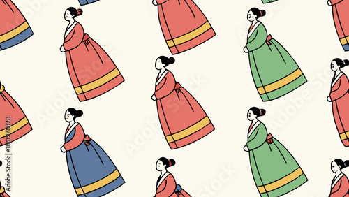 Seamless Pattern of Women Wearing Colorful Korean Hanbok